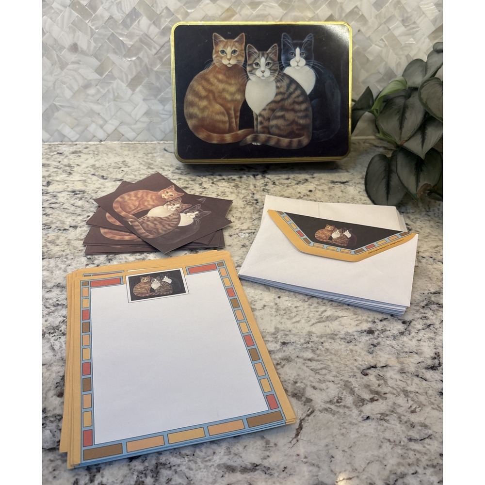 Stephen Lawrence Vintage Cat Trio Note Stationary Tin 1995 with Cards Kitty READ